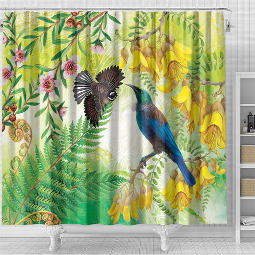New Zealand Maori Mahuru Shower Curtain Tui With Pikawakawa Spring Colors