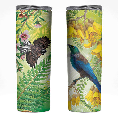 New Zealand Maori Mahuru Skinny Tumbler Tui With Pikawakawa Spring Colors