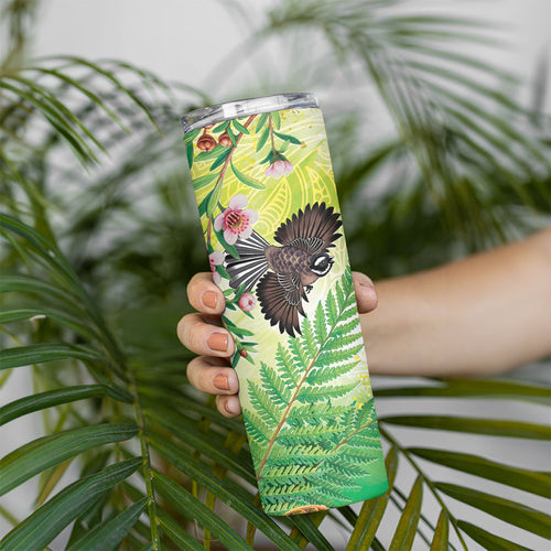 New Zealand Maori Mahuru Skinny Tumbler Tui With Pikawakawa Spring Colors