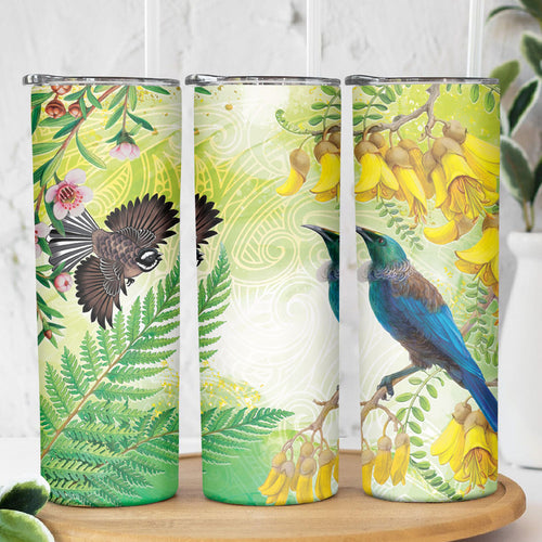New Zealand Maori Mahuru Skinny Tumbler Tui With Pikawakawa Spring Colors