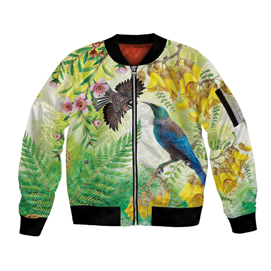 New Zealand Maori Mahuru Sleeve Zip Bomber Jacket Tui With Pikawakawa Spring Colors