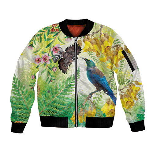 New Zealand Maori Mahuru Sleeve Zip Bomber Jacket Tui With Pikawakawa Spring Colors