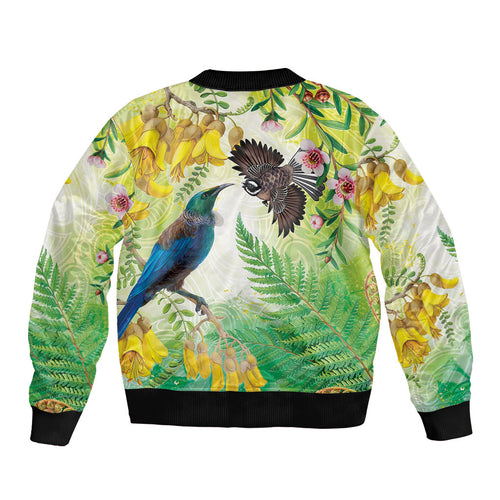 New Zealand Maori Mahuru Sleeve Zip Bomber Jacket Tui With Pikawakawa Spring Colors