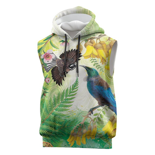 New Zealand Maori Mahuru Sleeveless Hoodie Tui With Pikawakawa Spring Colors