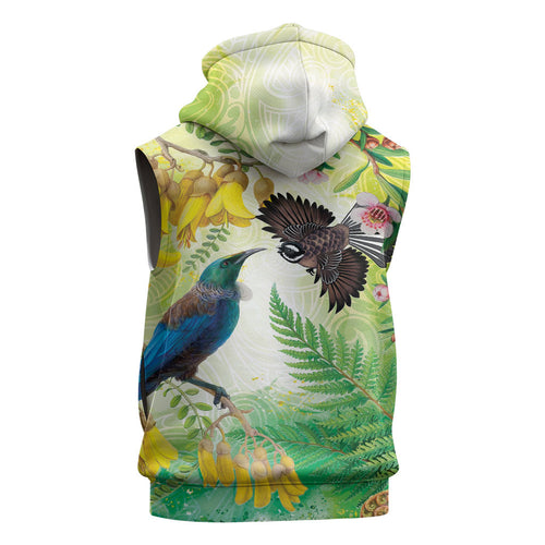 New Zealand Maori Mahuru Sleeveless Hoodie Tui With Pikawakawa Spring Colors