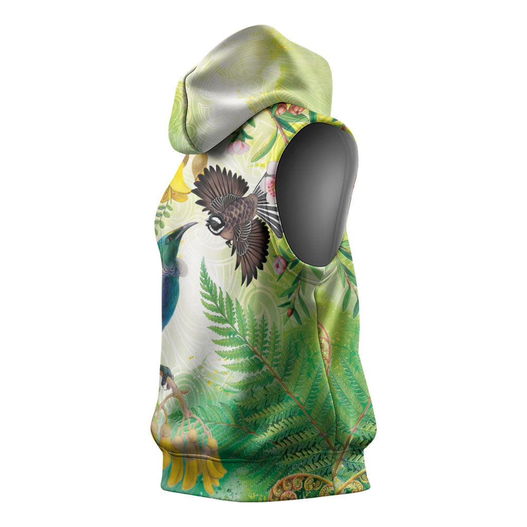 New Zealand Maori Mahuru Sleeveless Hoodie Tui With Pikawakawa Spring Colors