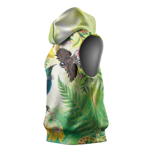 New Zealand Maori Mahuru Sleeveless Hoodie Tui With Pikawakawa Spring Colors