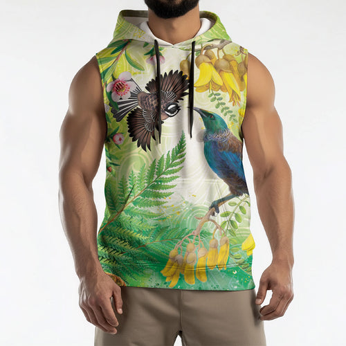 New Zealand Maori Mahuru Sleeveless Hoodie Tui With Pikawakawa Spring Colors