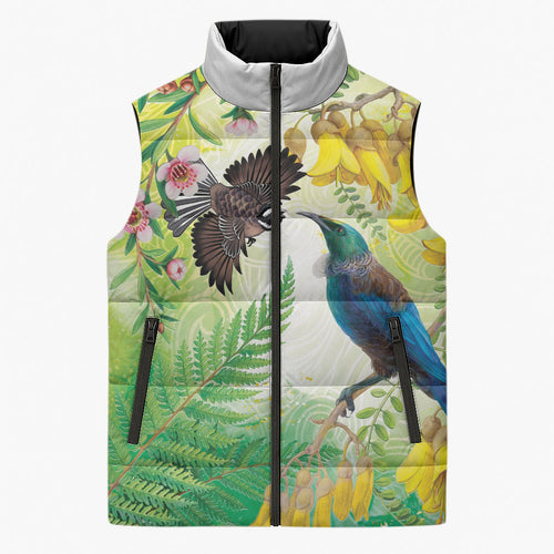 New Zealand Maori Mahuru Sleeveless Puffer Jacket Tui With Pikawakawa Spring Colors