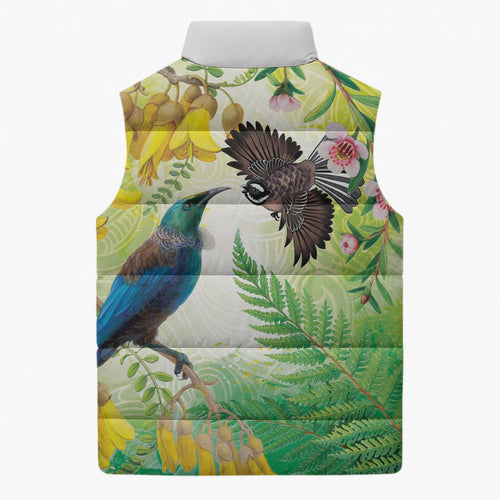 New Zealand Maori Mahuru Sleeveless Puffer Jacket Tui With Pikawakawa Spring Colors