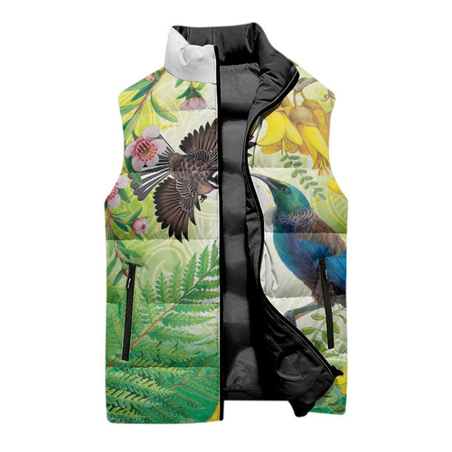 New Zealand Maori Mahuru Sleeveless Puffer Jacket Tui With Pikawakawa Spring Colors