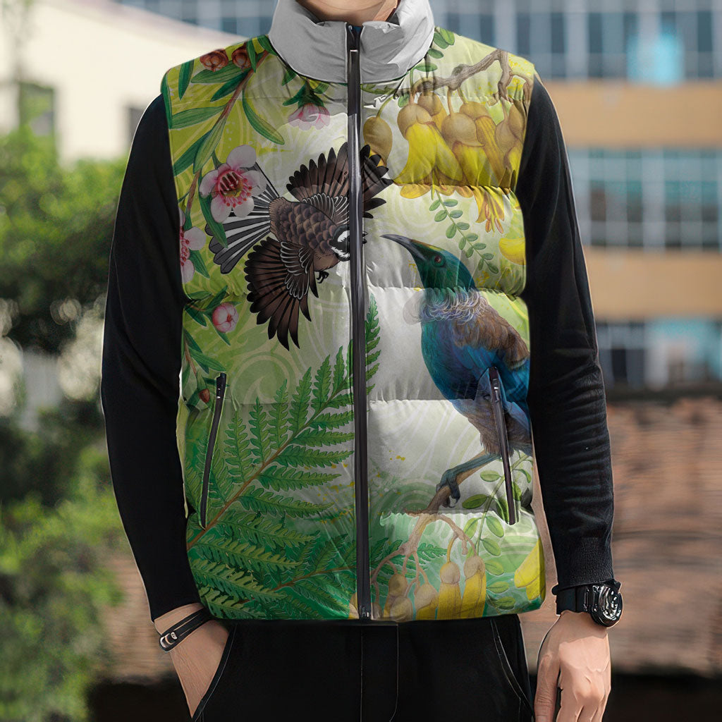 New Zealand Maori Mahuru Sleeveless Puffer Jacket Tui With Pikawakawa Spring Colors