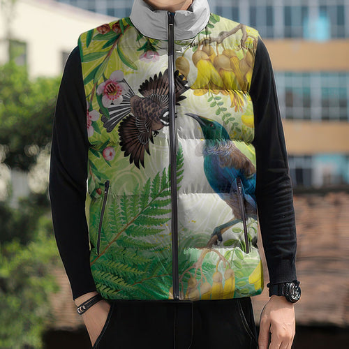 New Zealand Maori Mahuru Sleeveless Puffer Jacket Tui With Pikawakawa Spring Colors