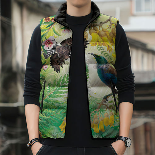 New Zealand Maori Mahuru Sleeveless Puffer Jacket Tui With Pikawakawa Spring Colors