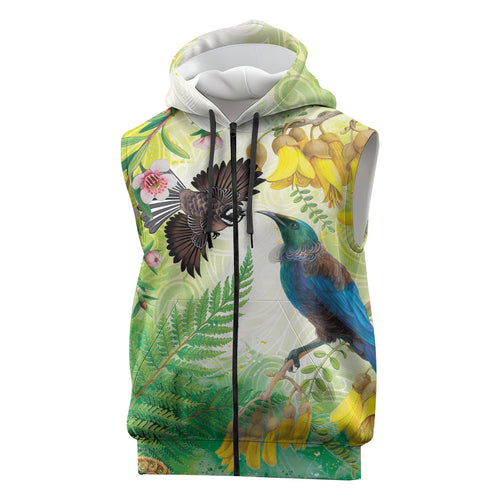 New Zealand Maori Mahuru Sleeveless Zip Hoodie Tui With Pikawakawa Spring Colors