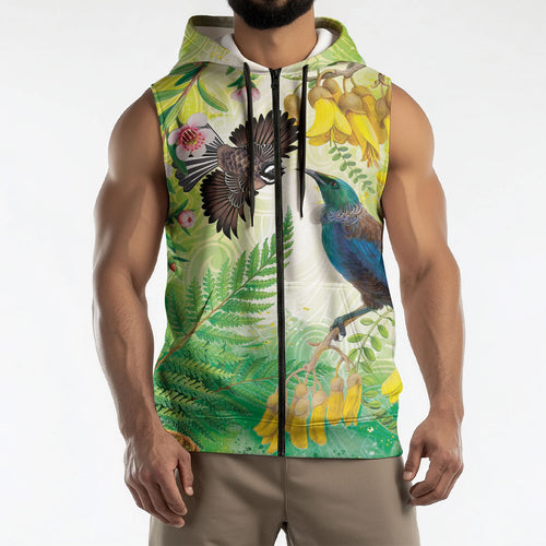 New Zealand Maori Mahuru Sleeveless Zip Hoodie Tui With Pikawakawa Spring Colors