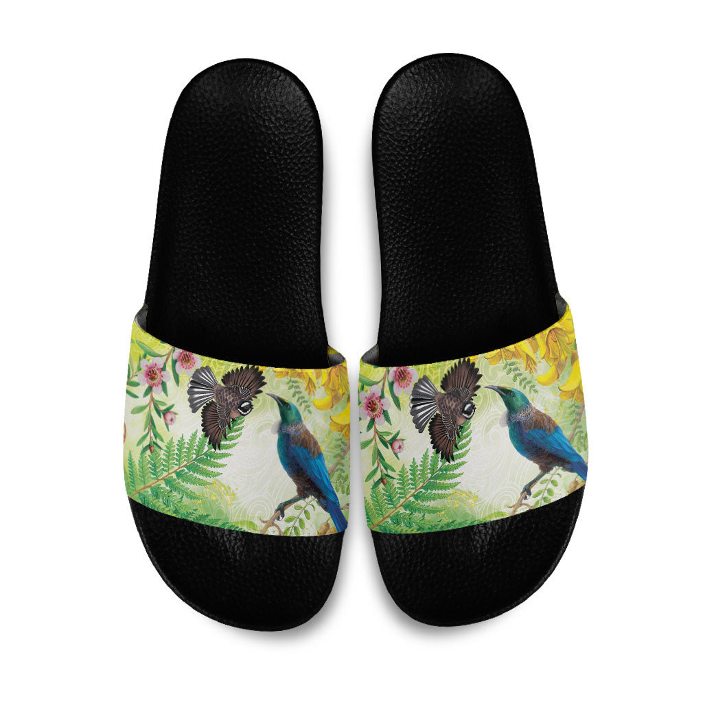 New Zealand Maori Mahuru Slide Sandals Tui With Pikawakawa Spring Colors