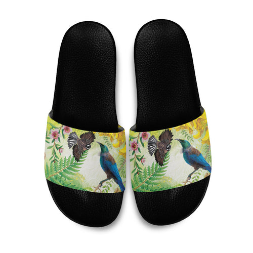 New Zealand Maori Mahuru Slide Sandals Tui With Pikawakawa Spring Colors