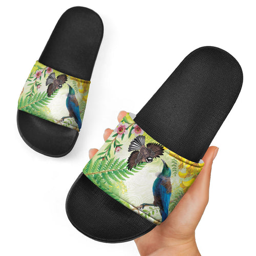 New Zealand Maori Mahuru Slide Sandals Tui With Pikawakawa Spring Colors