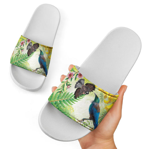 New Zealand Maori Mahuru Slide Sandals Tui With Pikawakawa Spring Colors