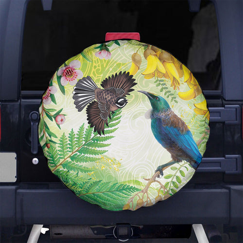 New Zealand Maori Mahuru Spare Tire Cover Tui With Pikawakawa Spring Colors