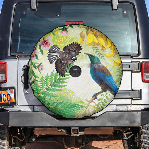New Zealand Maori Mahuru Spare Tire Cover Tui With Pikawakawa Spring Colors