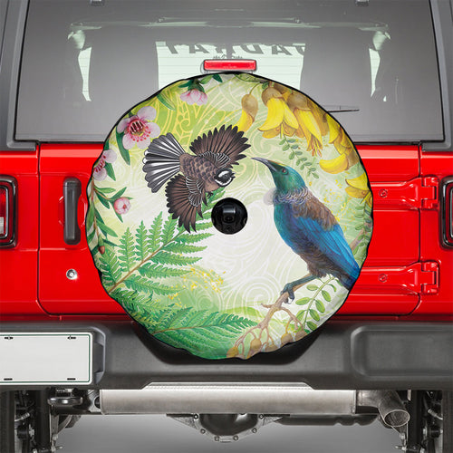 New Zealand Maori Mahuru Spare Tire Cover Tui With Pikawakawa Spring Colors