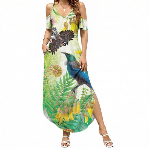 New Zealand Maori Mahuru Summer Maxi Dress Tui With Pikawakawa Spring Colors