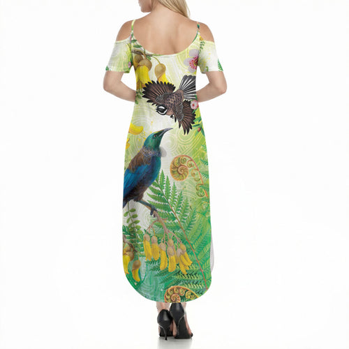 New Zealand Maori Mahuru Summer Maxi Dress Tui With Pikawakawa Spring Colors