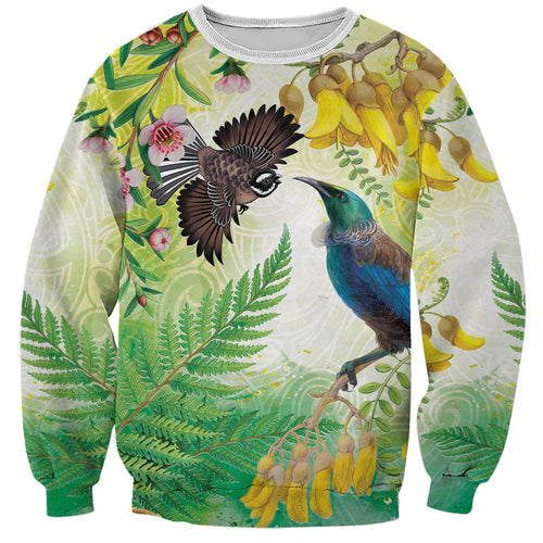 New Zealand Maori Mahuru Sweatshirt Tui With Pikawakawa Spring Colors