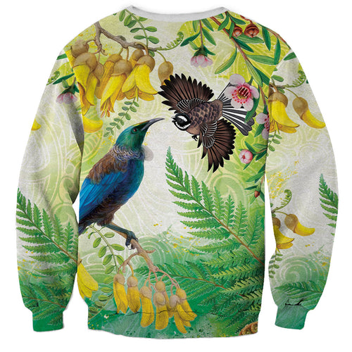 New Zealand Maori Mahuru Sweatshirt Tui With Pikawakawa Spring Colors