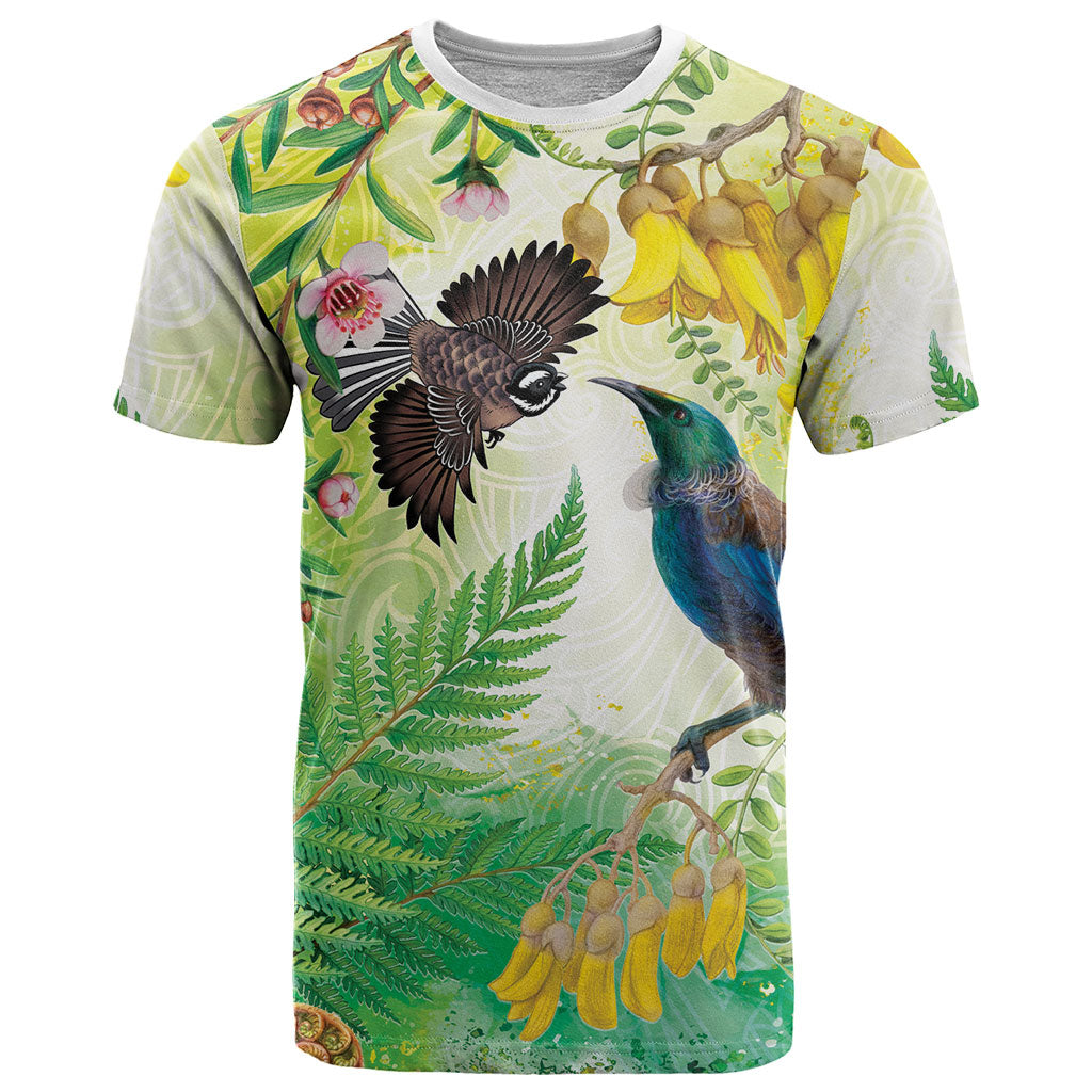 New Zealand Maori Mahuru T Shirt Tui With Pikawakawa Spring Colors