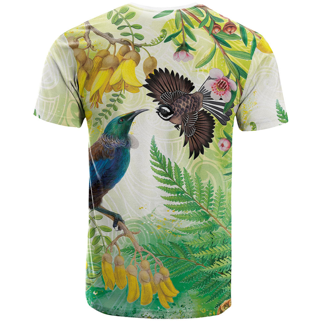 New Zealand Maori Mahuru T Shirt Tui With Pikawakawa Spring Colors