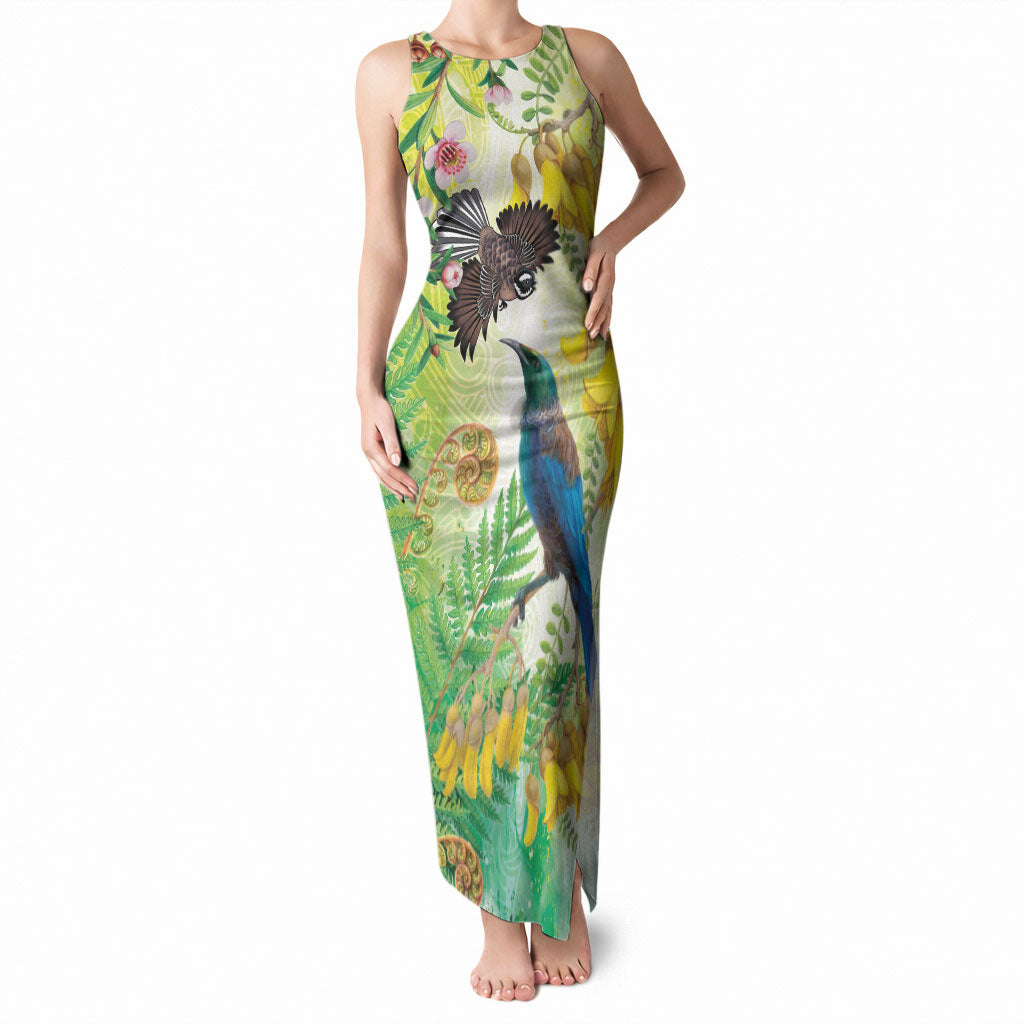 New Zealand Maori Mahuru Tank Maxi Dress Tui With Pikawakawa Spring Colors