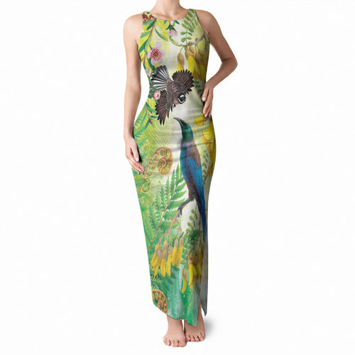 New Zealand Maori Mahuru Tank Maxi Dress Tui With Pikawakawa Spring Colors