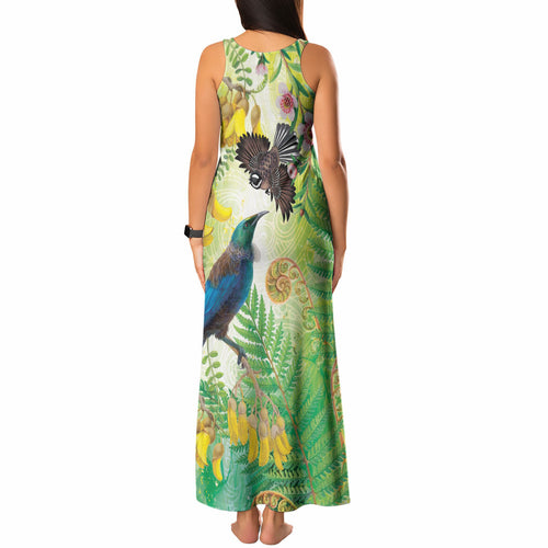 New Zealand Maori Mahuru Tank Maxi Dress Tui With Pikawakawa Spring Colors