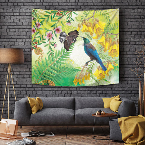 New Zealand Maori Mahuru Tapestry Tui With Pikawakawa Spring Colors