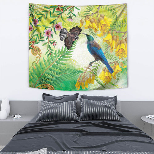 New Zealand Maori Mahuru Tapestry Tui With Pikawakawa Spring Colors
