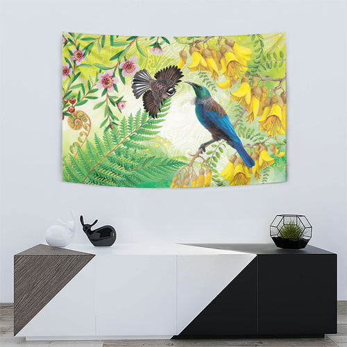 New Zealand Maori Mahuru Tapestry Tui With Pikawakawa Spring Colors