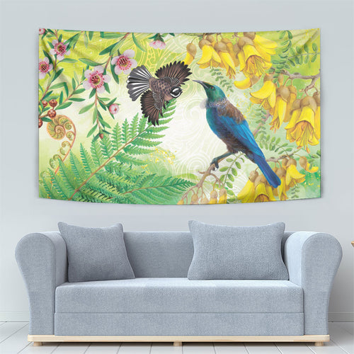 New Zealand Maori Mahuru Tapestry Tui With Pikawakawa Spring Colors