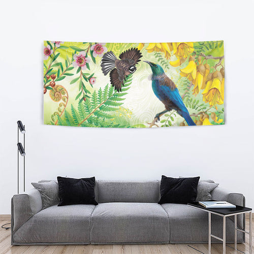 New Zealand Maori Mahuru Tapestry Tui With Pikawakawa Spring Colors