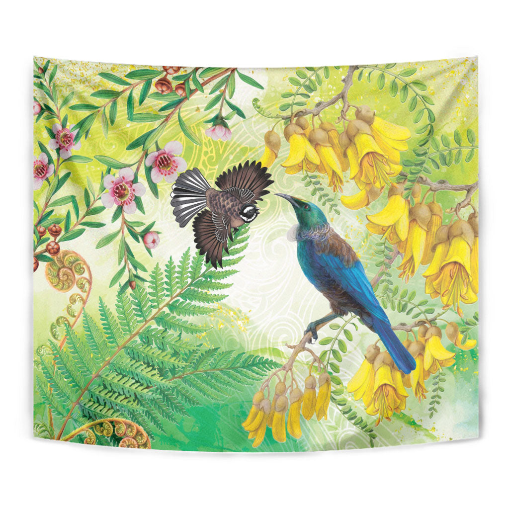 New Zealand Maori Mahuru Tapestry Tui With Pikawakawa Spring Colors