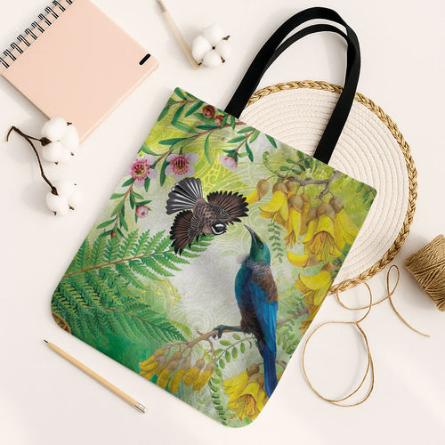 New Zealand Maori Mahuru Tote Bag Tui With Pikawakawa Spring Colors