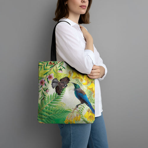 New Zealand Maori Mahuru Tote Bag Tui With Pikawakawa Spring Colors