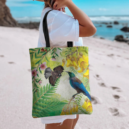 New Zealand Maori Mahuru Tote Bag Tui With Pikawakawa Spring Colors