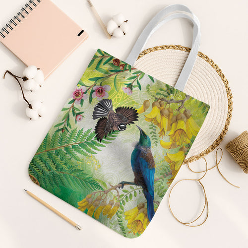 New Zealand Maori Mahuru Tote Bag Tui With Pikawakawa Spring Colors