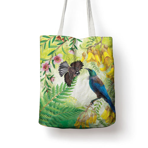 New Zealand Maori Mahuru Tote Bag Tui With Pikawakawa Spring Colors