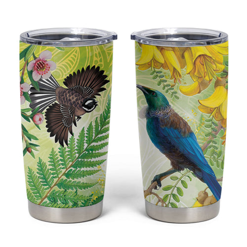 New Zealand Maori Mahuru Tumbler Cup Tui With Pikawakawa Spring Colors
