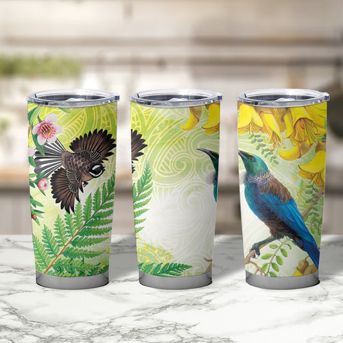 New Zealand Maori Mahuru Tumbler Cup Tui With Pikawakawa Spring Colors