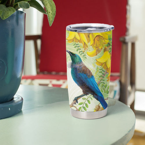 New Zealand Maori Mahuru Tumbler Cup Tui With Pikawakawa Spring Colors